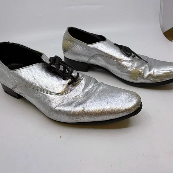 Saint Laurent Oxford Lace-Up Silver Metallic Leather 37.5 Sh - Picture 3 of 8